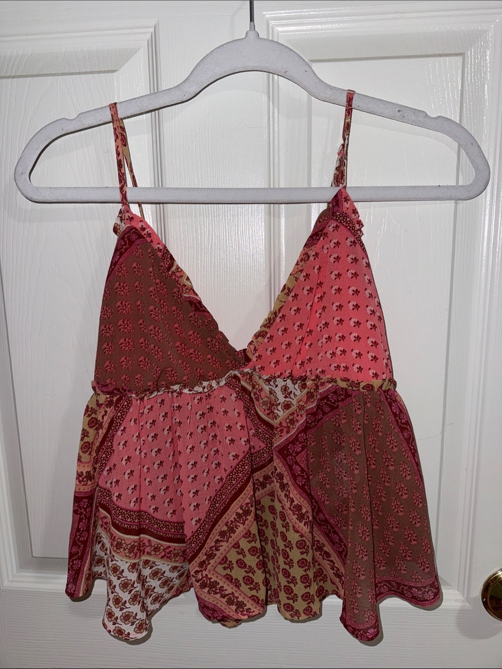 Free People Pink & Brown Patchwork V-Neck Camisole Top
